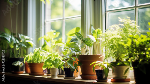 Potted houseplants with green leaves on window sill