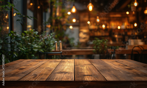 wood table on blur of cafe  coffee shop  bar  background - can used for display or montage your products. 