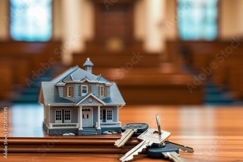 Real estate auction or dividing house when divorce, division of property. Bankruptcy and execution concept. House and keys in background of courtroom photo