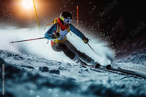 A daring skier gracefully carves through the powdery snow on a steep mountain slope, deftly maneuvering their ski equipment and embracing the exhilaration of outdoor recreation photo