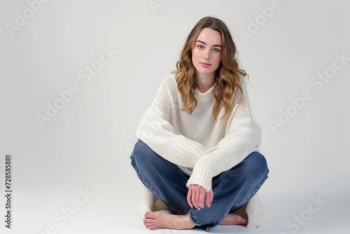 Woman Sitting on Ground in Jeans and Sweater