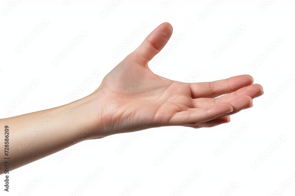 Woman hand shows open palm isolated on white background, with clipping path. Five fingers. Full Depth of field. Focus stacking. Generative AI Woman hand shows open palm isolated on white background, with clipping path. Five fingers. Full Depth of field. Focus stacking. Generative AI