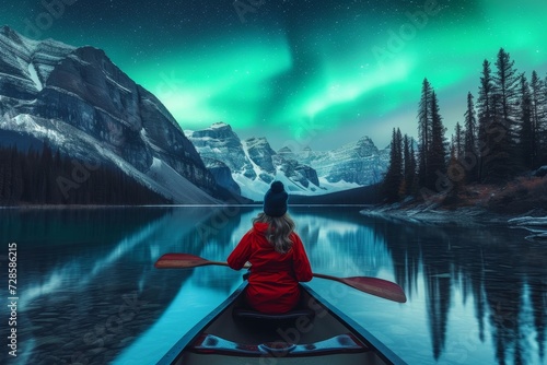 A lone woman glides through the serene waters of a frozen lake, her canoe illuminated by the dancing northern lights, surrounded by towering mountains and the peacefulness of nature
