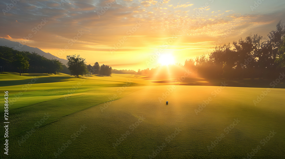 Golfer hit sweeping driver after hitting golf ball down the fairway with sunrise background 