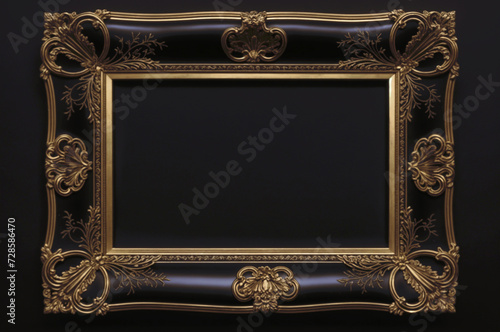 A black and gold picture frame sits on a black background. ai generative