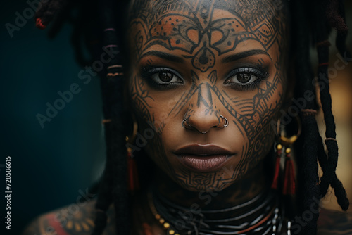 Tribal tattoo. An intense close-up of a young woman adorned with detailed tribal tattoo patterns and traditional jewelry, exuding a strong cultural presence.