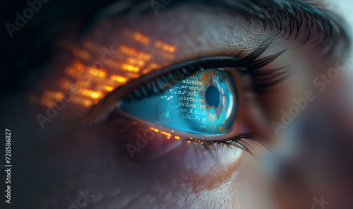 Close up photo of a human eyeball with reflected LCD screen symbols on the Cornea surface. Vision health, Ophthalmology, modern technology concept image.