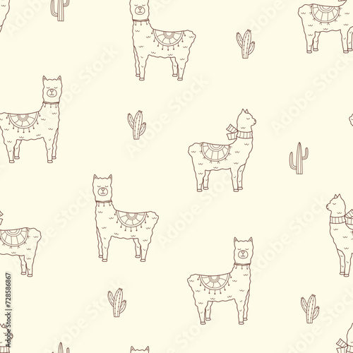 Seamless pattern of cute llamas and cacti. Vector illustration of funny animals background wallpaper.