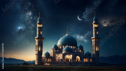 A luxurious mosque with Middle Eastern style domes and pillars with a nighttime atmosphere with a beautiful sky filled with stars. Ramadan concept. AI Generative. © Rizky Rahmat Hidayat