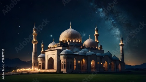 A luxurious mosque with Middle Eastern style domes and pillars with a nighttime atmosphere with a beautiful sky filled with stars. Ramadan concept. AI Generative.