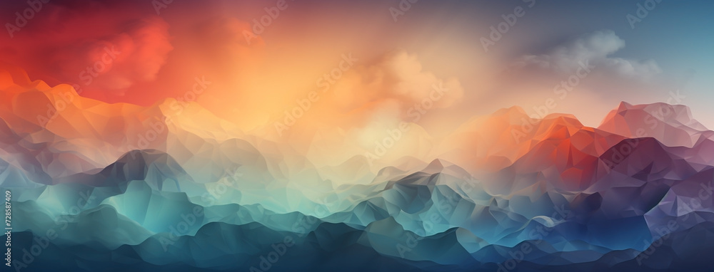 Wide panoramic background banner, colorful composition of abstract evening mountain range landscape with different geometric shapes  - obrazy, fototapety, plakaty 