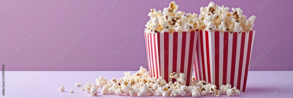 Rows of popcorn boxes on a pink background, full to the brim with golden popcorn ready for a movie.