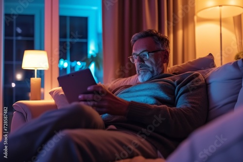 Man Sitting on Couch Looking at Tablet