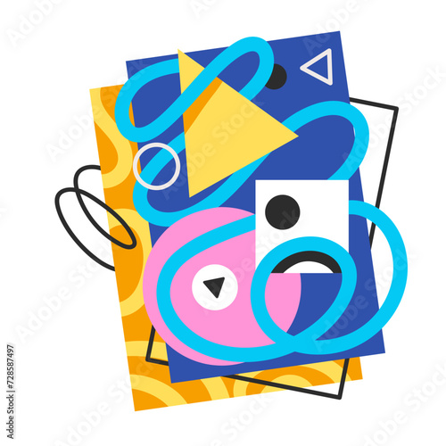 Groovy cartoon composition with geometric shapes and frames. Funny retro doodle collage with funky abstract element and primitive pattern inside cartoon geometric forms and figures vector illustration