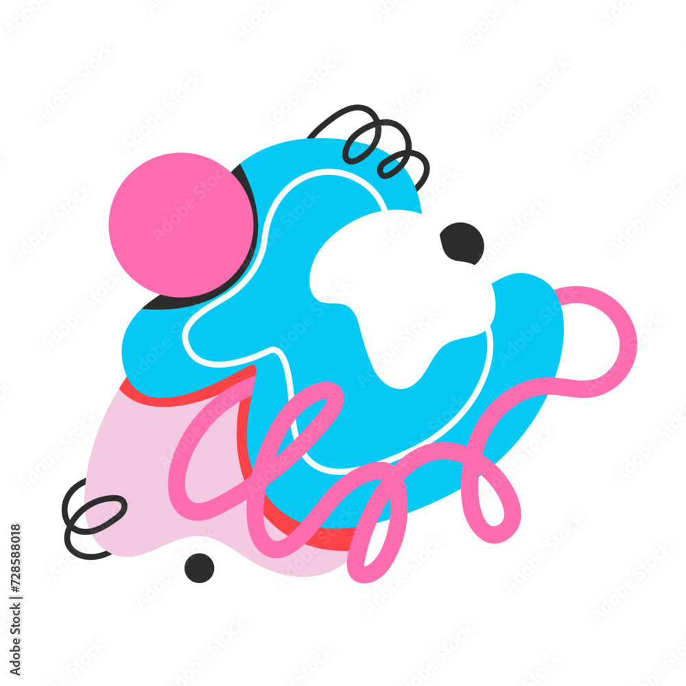 Fototapeta premium Groovy cartoon composition with geometric shapes and elements. Funny retro doodle collage with chaos of cartoon weird spots and spiral lines, bright psychedelic figures and shapes vector illustration