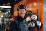 Man Wearing Bicycle Helmet in Bike Shop