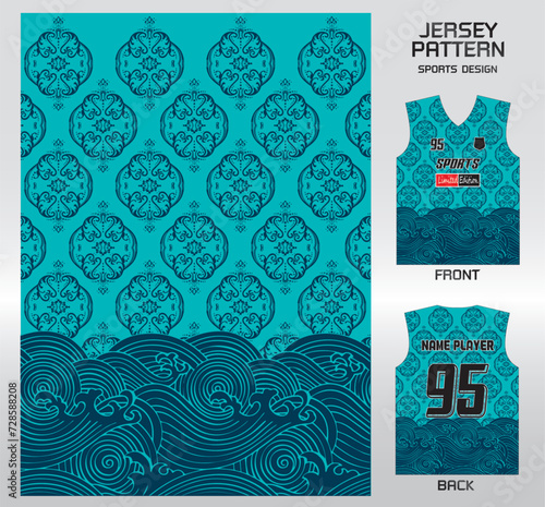 Pattern vector sports shirt background image.Teal green sea waves pattern design, illustration, textile background for sports t-shirt, football jersey shirt.eps
