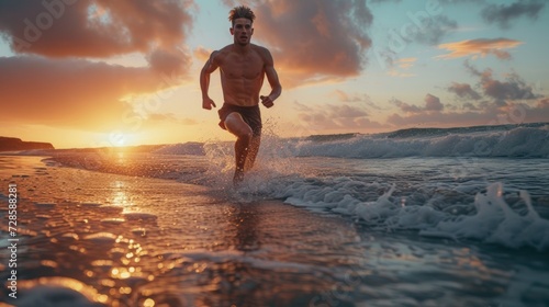 Man Running Into the Ocean at Sunset