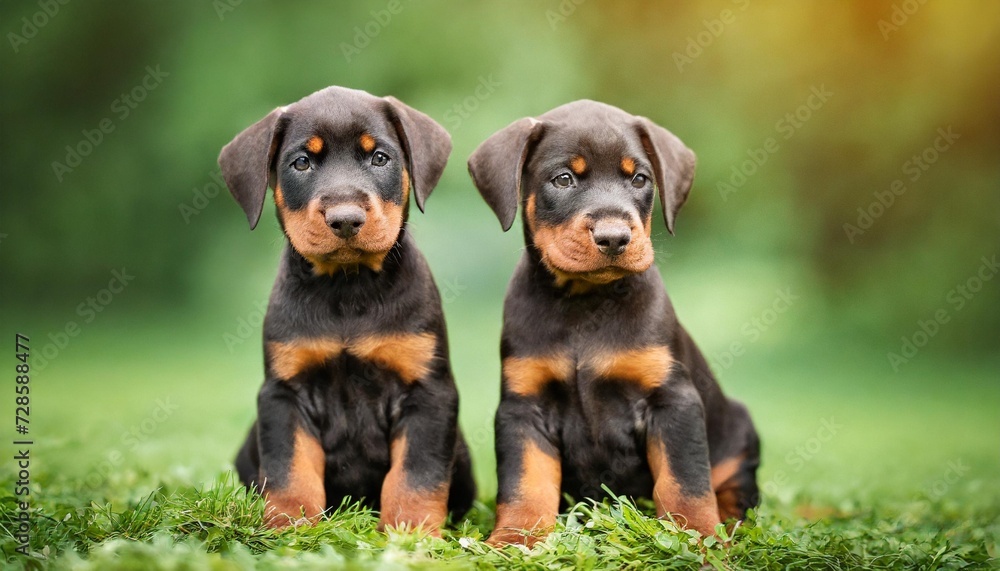 twins of doberman puppies with ears periasany sitting on green lawn in the summer park twins of doberman puppies with ears periasany sitting on green lawn in the summer park