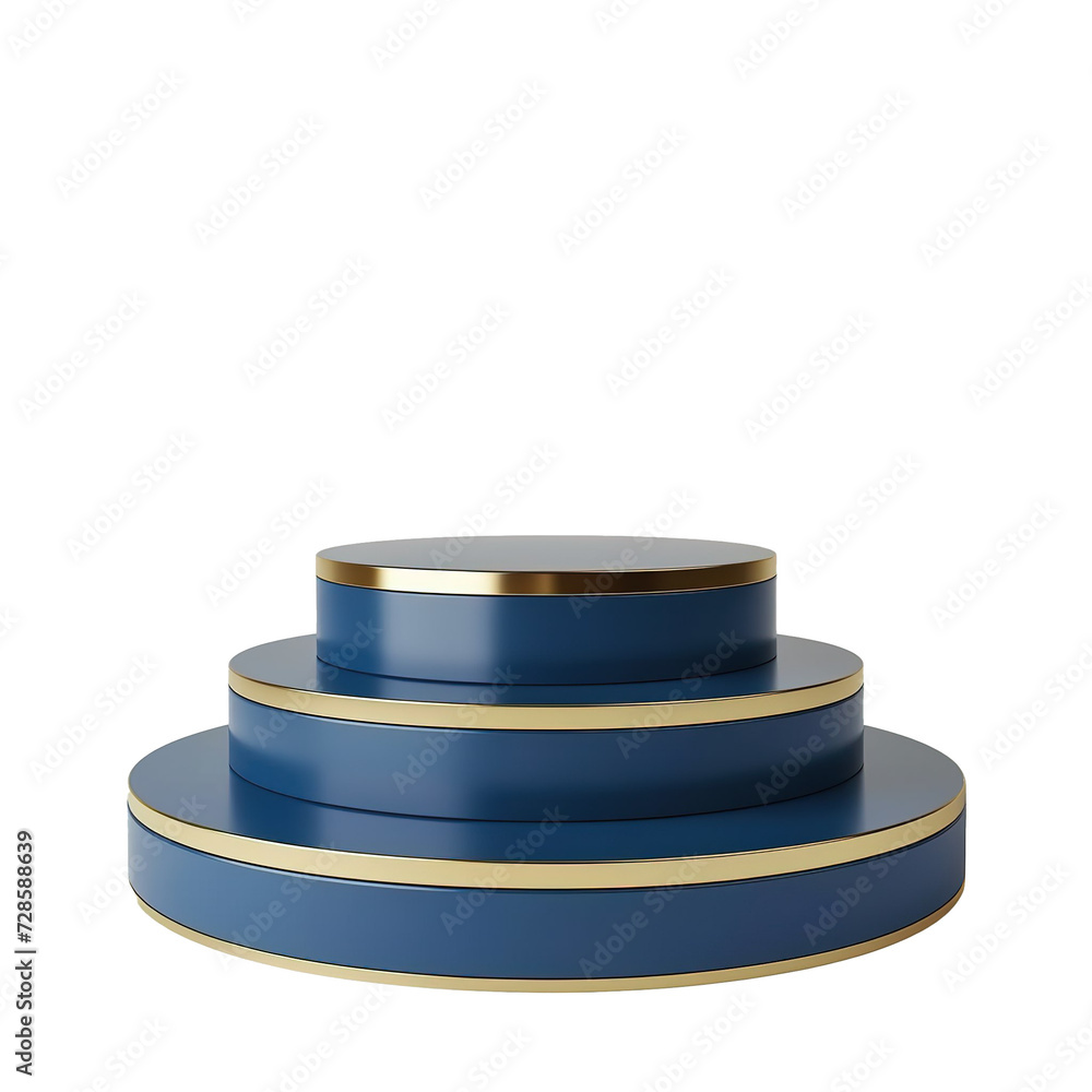 Empty podium golden and blue with stacks decorations. Luxury scene design concept, isolated on white background. Empty podium golden and blue with stacks decorations. Luxury scene design concept, isolated on white background.