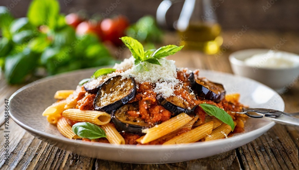 pasta alla norma delicious sicilian pasta dish with roasted eggplant marinara tomato sauce grated ricotta and fresh basil - obrazy, fototapety, plakaty 