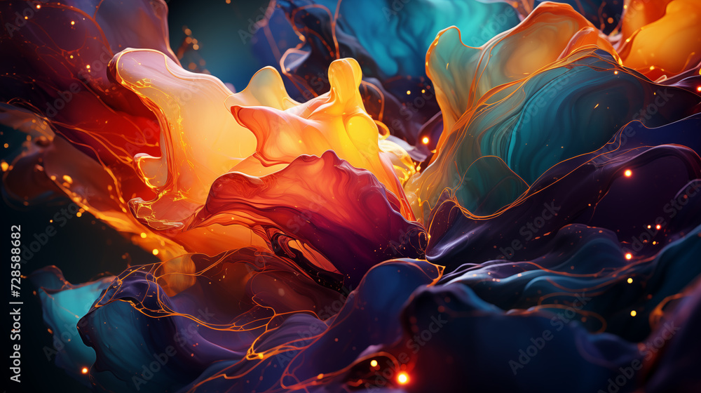 Striking explosion of vivid colors in motion, resembling a dynamic, abstract floral form. - obrazy, fototapety, plakaty 