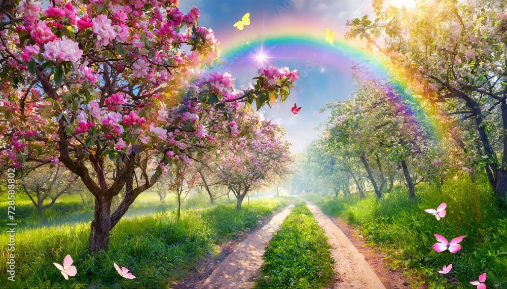 fantasy fairy tale forest with blooming pink apple tree garden and rainbow in sky enchanted road path with luminous solar reflection sparkles and flying butterflies nature landscape background