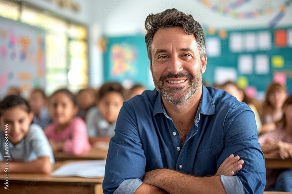 Portrait of smiling male teacher in a class at elementary school looking at camera with learning students on background, Generative AI Portrait of smiling male teacher in a class at elementary school looking at camera with learning students on background, Generative AI