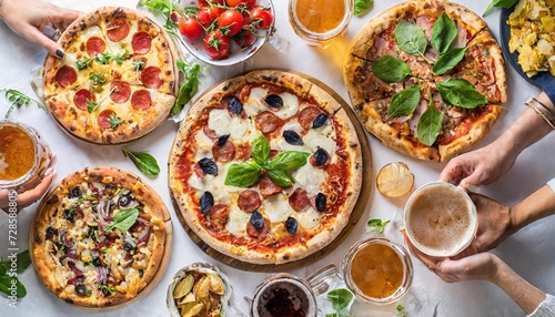 pizza party for friends or family flat lay of various pizzas drinks and people celebrating with beer over plain white table background top view fast food comfort food italian cuisine concept