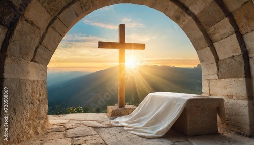 tomb empty with shroud and crucifixion at sunrise resurrection of jesus christ