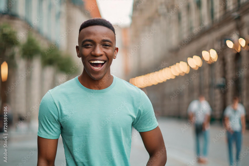 Young handsome african, afro american guy with short haircut dressed in a mint t-shirt shows wide smile in the city. Young handsome african, afro american guy with short haircut dressed in a mint t-shirt shows wide smile in the city.