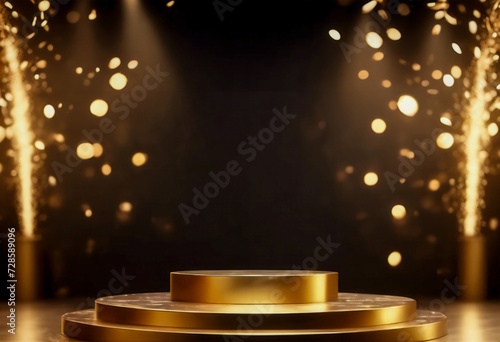 Showcase Festivo di Premiazione- Podio Dorato per la Presentazione di Prodotti con Scintille Luminose