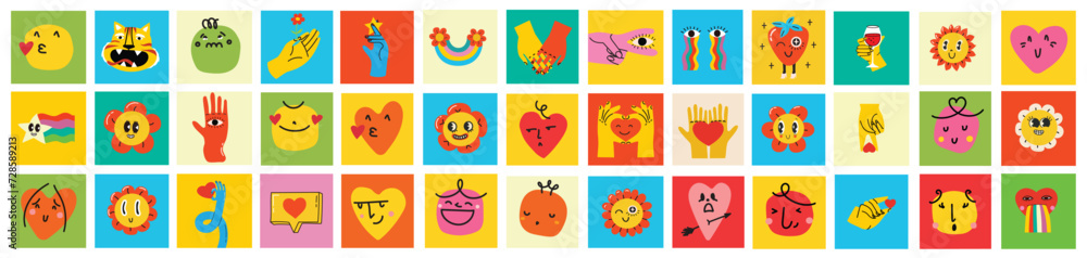 Fototapeta premium Cartoon red heart characters with funny faces emoticon. Valentine day symbol. Cute romantic hearts with eyes for logo or sticker vector set.