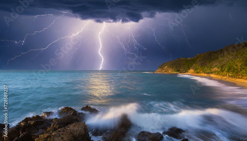 Rain, lightning strike in the ocean - beautiful night landscape with a dramatic sky.