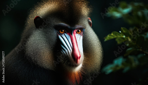 Mandrill close-up portrait. Mandrillus sphinx with red fur and blue eyes,a wild primate looks closely at the camera.Dark green background. photo