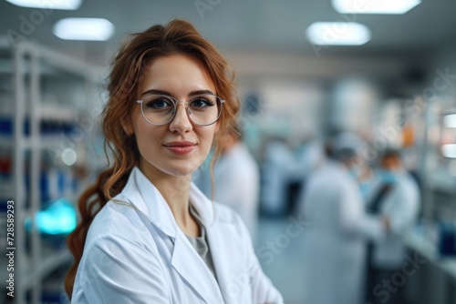 Beautiful young woman scientist wearing white coat and glasses in modern Medical Science Laboratory with Team of Specialists on background, Generative AI