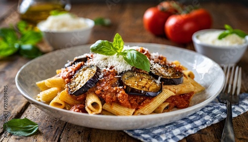 pasta alla norma delicious sicilian pasta dish with roasted eggplant marinara tomato sauce grated ricotta and fresh basil