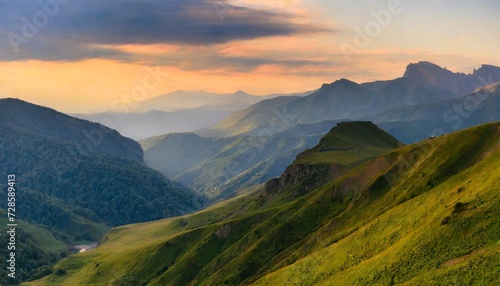 view of the green mountains at sunset gumbashi pass in north caucasus russia