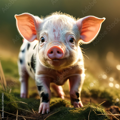 A playful piglet explores a lush green field on the farm, its pink snout and dirty small body standing out against the vibrant grass, creating a funny and endearing scene in nature © Charoen