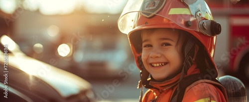 Close up potrait of a little boy imagines to be a firefighter wearing safety uniform and helmet. smiling looking at camera with firetruck blurred background. future, copy space, half body, mockup.