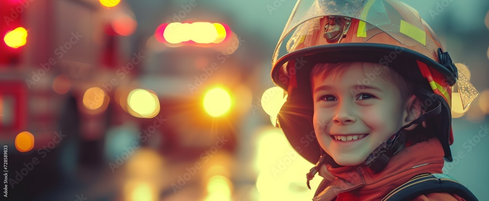 Close up potrait of a little boy imagines to be a firefighter wearing safety uniform and helmet. smiling looking at camera with firetruck blurred background. future, copy space, half body, mockup. Close up potrait of a little boy imagines to be a firefighter wearing safety uniform and helmet. smiling looking at camera with firetruck blurred background. future, copy space, half body, mockup.