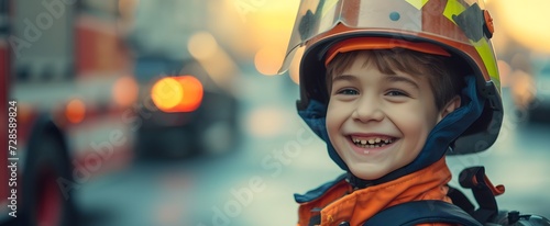 Close up potrait of a little boy imagines to be a firefighter wearing safety uniform and helmet. smiling looking at camera with firetruck blurred background. future, copy space, half body, mockup.