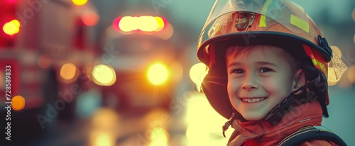 Close up potrait of a little boy imagines to be a firefighter wearing safety uniform and helmet. smiling looking at camera with firetruck blurred background. future, copy space, half body, mockup.