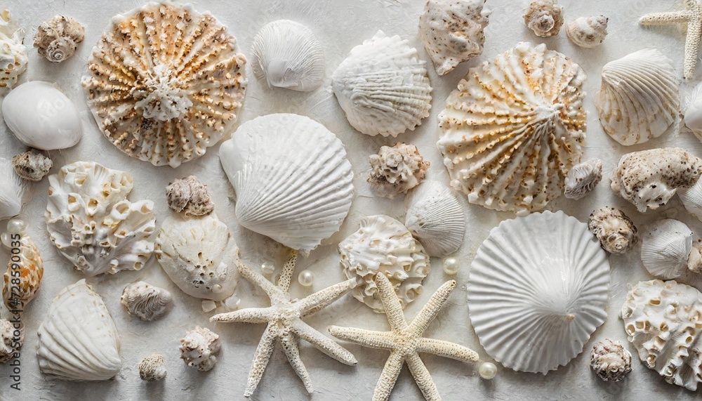 collection of white seashells and corals scattered on a white background top view