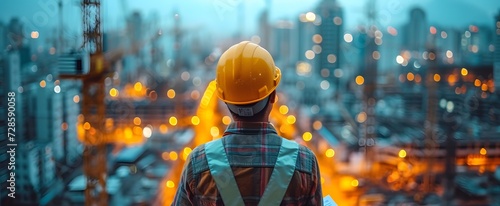  a engineer or architect wearing safety uniform and hard hat looking at skyline and building at a construction site. view from behind. background, wallpaper. photo