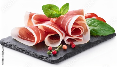 italian prosciutto crudo or spanish jamon raw ham isolated on white background with full depth of field