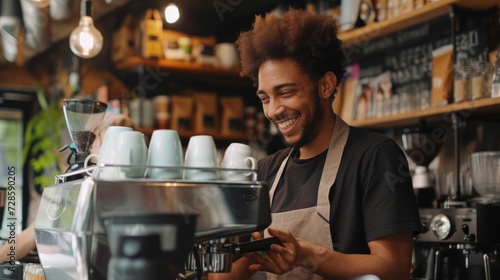 A Man Smiling While Working at a Coffee Shop