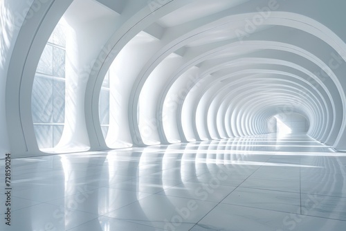 A Large White Tunnel With Columns and Windows