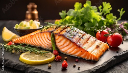 grilled salmon with vegetables hd 8k wallpaper stock photographic image