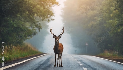 deer standing on the road near the forest on a misty foggy morning road hazards wildlife and transport